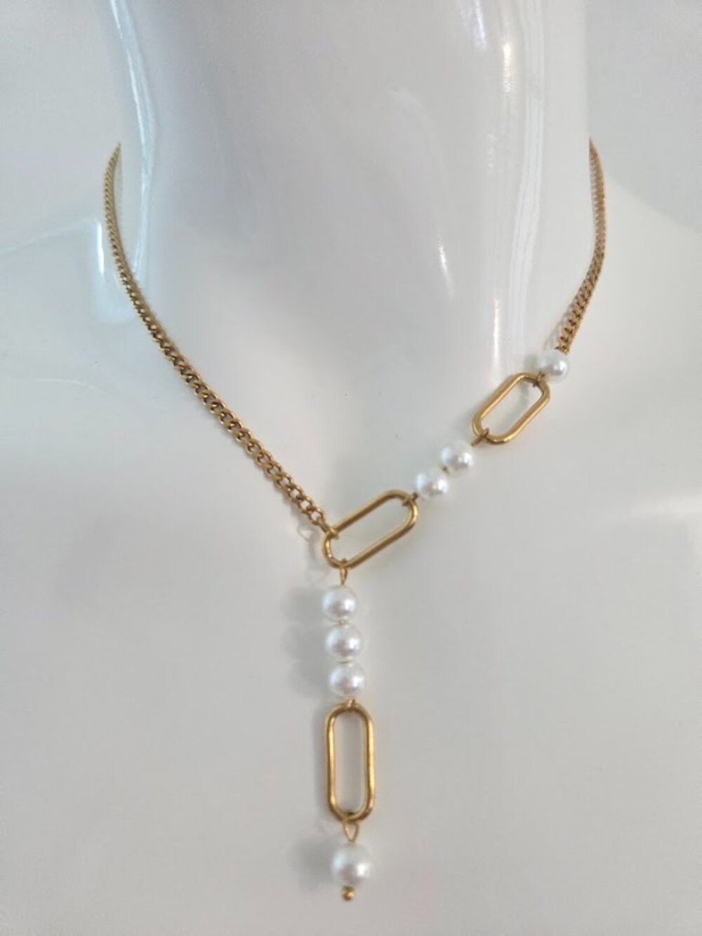 Gold Pearl Y Necklace Asymmetrical Dainty Minimalist Choker Drop Chain